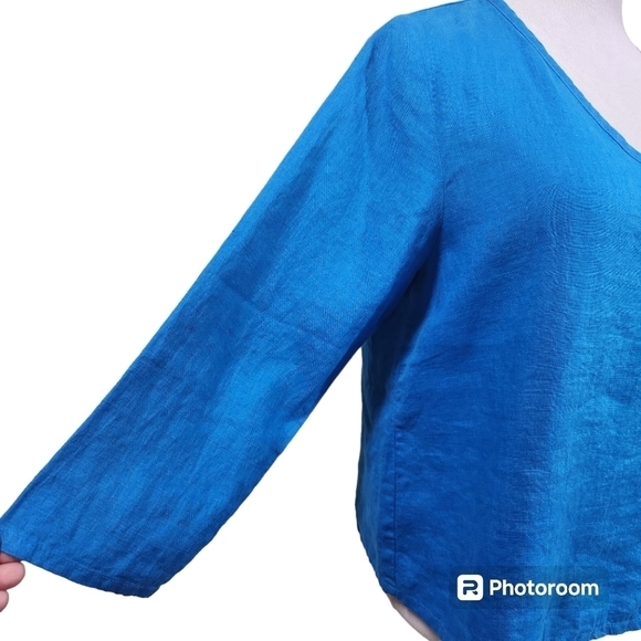 Flax 100% Linen Top V Neck 3/4 Sleeve Blue sz S Relaxed Fit - Picture 6 of 6